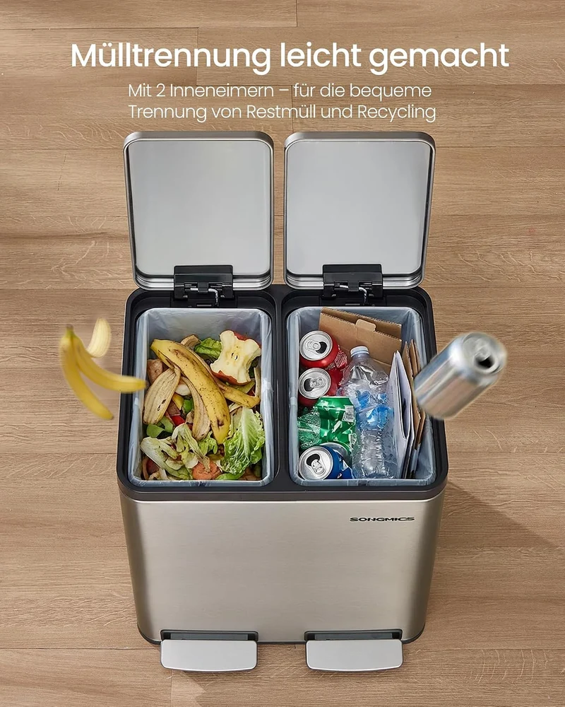 SONGMICS Mülleimer Küche, 2 x 15 L, Mülltrennsystem 2 Fächer, Abfalleimer mit 15 Müllbeuteln, Tretmü