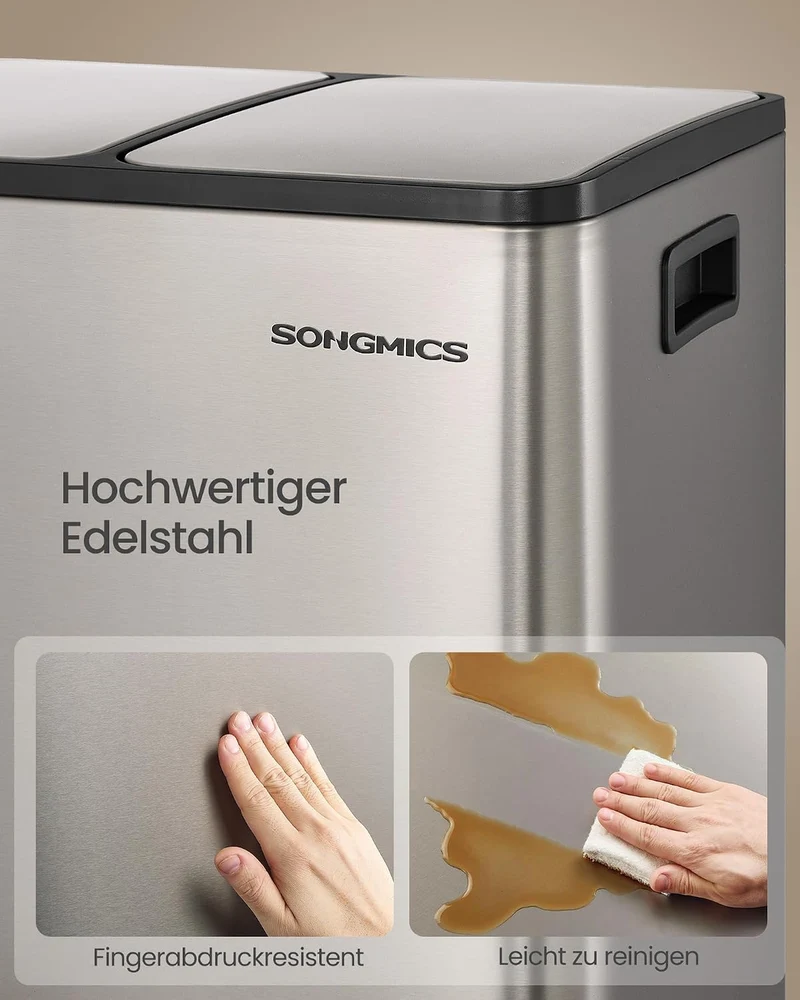 SONGMICS Mülleimer Küche, 2 x 15 L, Mülltrennsystem 2 Fächer, Abfalleimer mit 15 Müllbeuteln, Tretmü