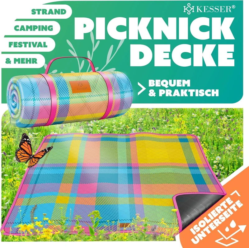 KESSER® Picknickdecke Campingdecke 200x200cm Stranddecke mit wasserdichter Unterseite dreilagig | Be