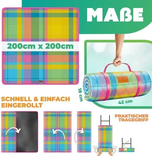 KESSER® Picknickdecke Campingdecke 200x200cm Stranddecke mit wasserdichter Unterseite dreilagig | Be