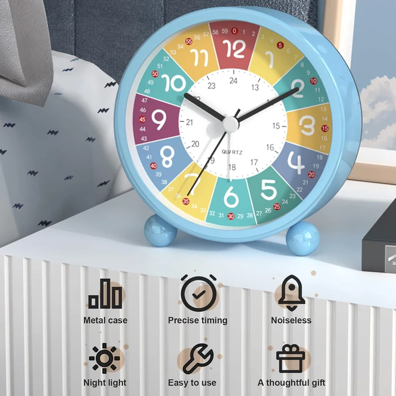 Analog Wecker Kinder, Ohne Ticken Wecker Lernwecker mit Nachtlicht, Snooze Analog Wecker, Lernuhr Ki