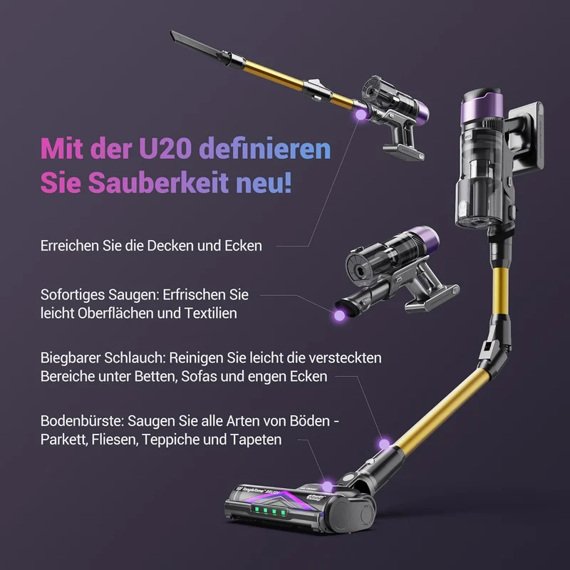 Ultenic U20 Akku Staubsauger, 55000Pa/ 600W/60Min Staubsauger Kabellos Mit Selbststehendes Design, F