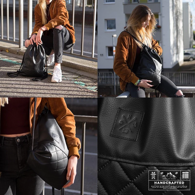 Manufaktur13 Black Out X2 Sports Bag - Kunstleder Stepp Rucksack Gym Bag Turnbeutel Sport Beutel Tas