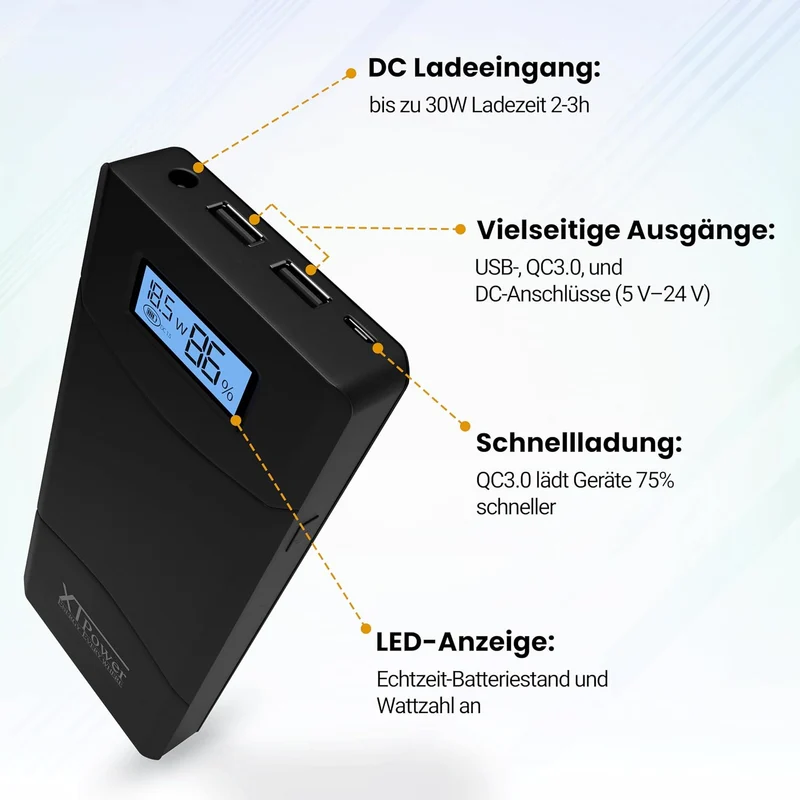 XTPower® XT-20000QC3 Powerbank moderner DC + USB QC3 Akku mit 20400mAh - 1x USB, 1x USB QC3 und DC A
