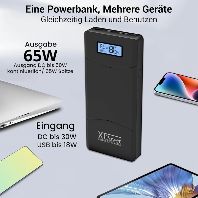 XTPower® XT-20000QC3 Powerbank moderner DC + USB QC3 Akku mit 20400mAh - 1x USB, 1x USB QC3 und DC A