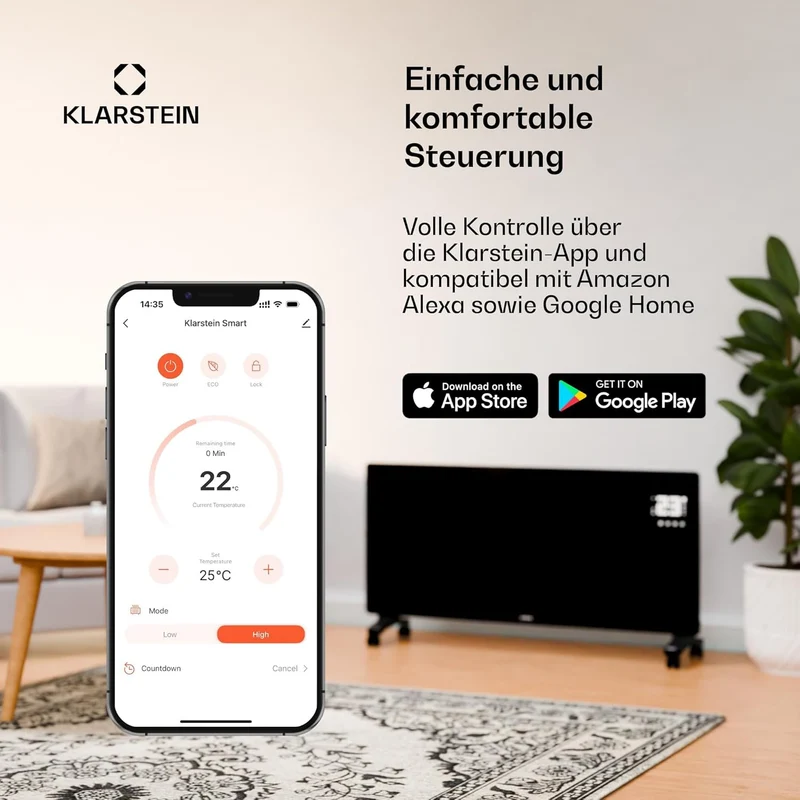 Klarstein Elektroheizung, Konvektor-Heizung Freistehend oder Wandmontage, Elektroheizung Energiespar