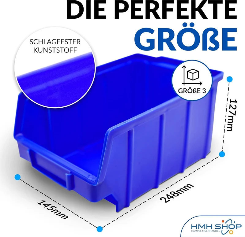 26 Stück HMH-Shop Stapelboxen Grösse 3 für Werkstatt Garage Keller Sichtlagerboxen 248x145x127mm Lag