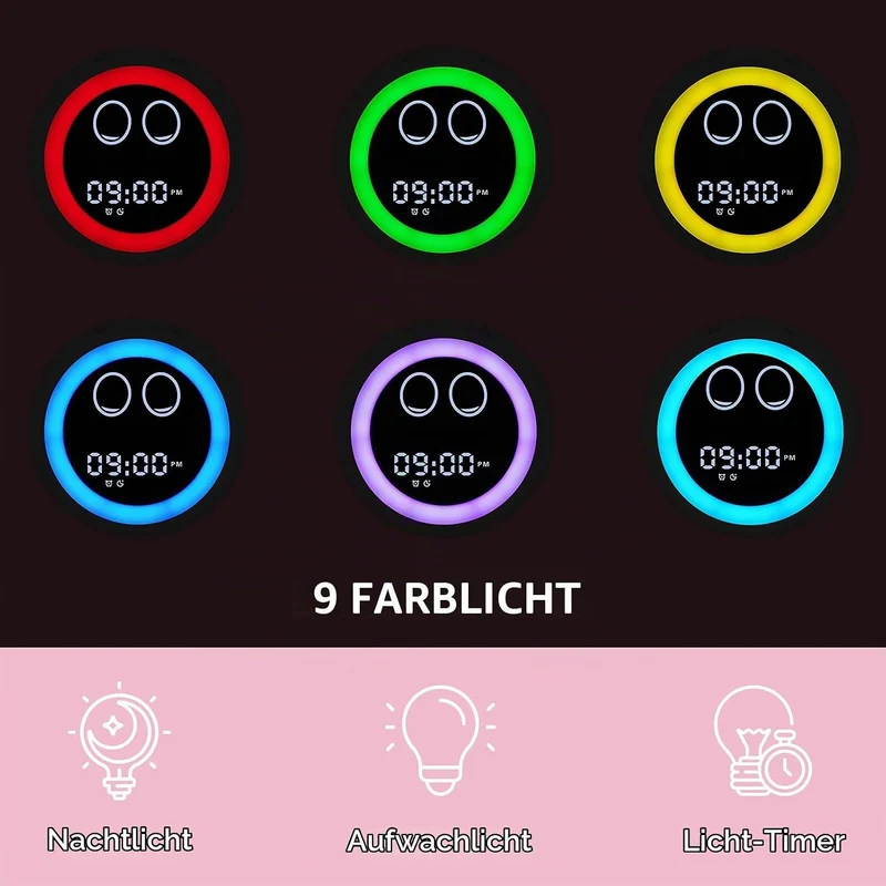 H-chin Kinderwecker, Kinderschlaftrainer mit Nachtlichtern, Soundmaschine, Wecker mit Weckzeit für K