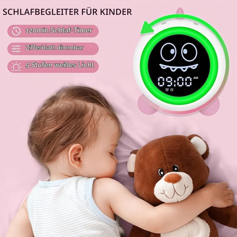 H-chin Kinderwecker, Kinderschlaftrainer mit Nachtlichtern, Soundmaschine, Wecker mit Weckzeit für K