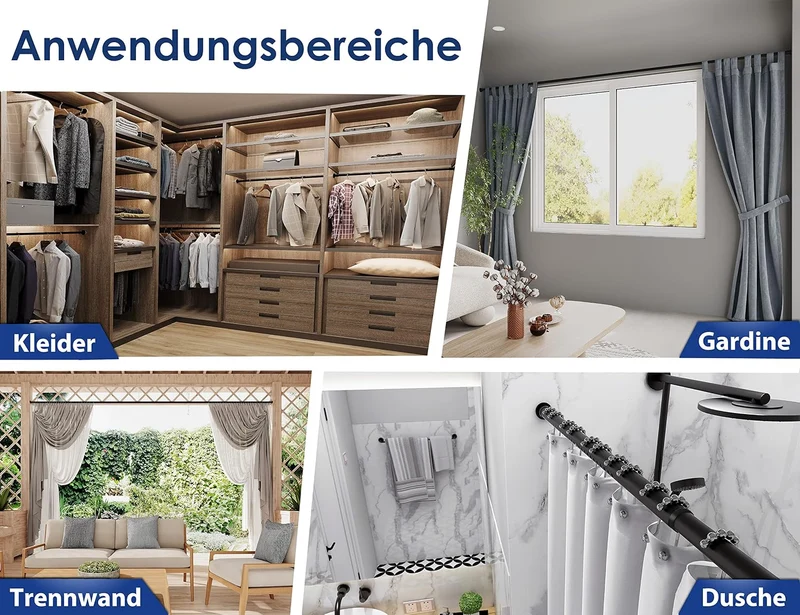 MEISENBERG Gardinenstange ohne Bohren 310-360cm, Ø32mm Matt Schwarz Multifunktionale Vorhangstange K