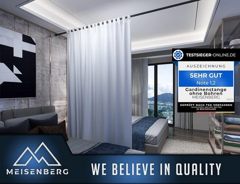 MEISENBERG Gardinenstange ohne Bohren 310-360cm, Ø32mm Matt Schwarz Multifunktionale Vorhangstange K