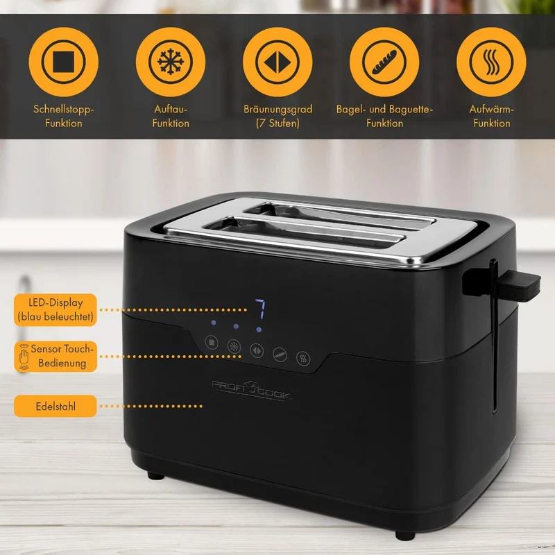 ProfiCook Toaster 2 Scheiben mit Brötchen Aufsatz und extra breitem Toast-Schlitz, Auftaufunktion, 7