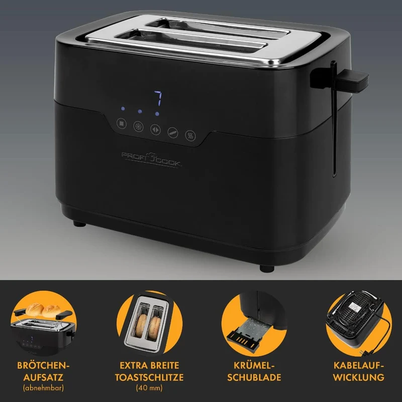 ProfiCook Toaster 2 Scheiben mit Brötchen Aufsatz und extra breitem Toast-Schlitz, Auftaufunktion, 7