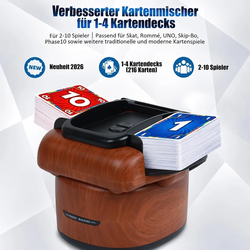 Kartenmischmaschine Elektrische für 1-4 Decks, USB Aufladbarer Kartenmischer mit 2600mAh Akku, Auto