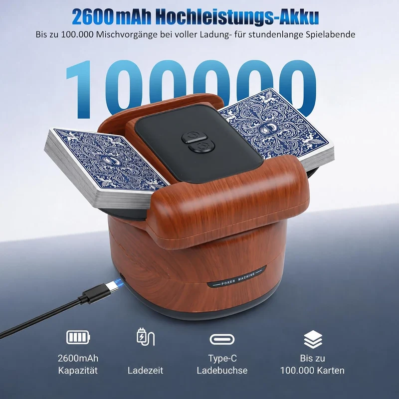 Kartenmischmaschine Elektrische für 1-4 Decks, USB Aufladbarer Kartenmischer mit 2600mAh Akku, Auto