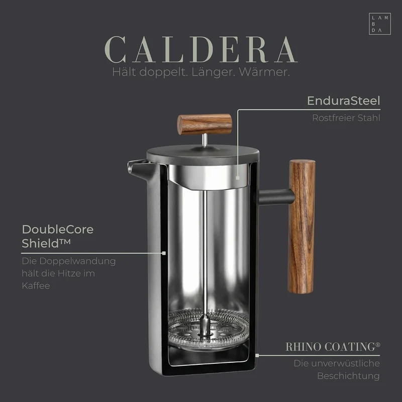 Lambda Coffee® Thermo French Press Edelstahl I 1 Liter - 5 Tassen I 3 Grössen erhältlich I Doppelwan