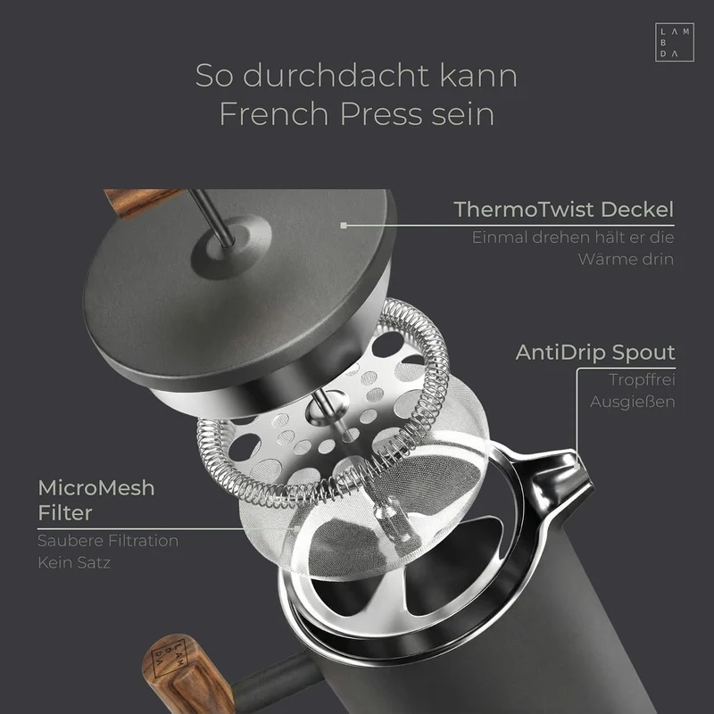 Lambda Coffee® Thermo French Press Edelstahl I 1 Liter - 5 Tassen I 3 Grössen erhältlich I Doppelwan