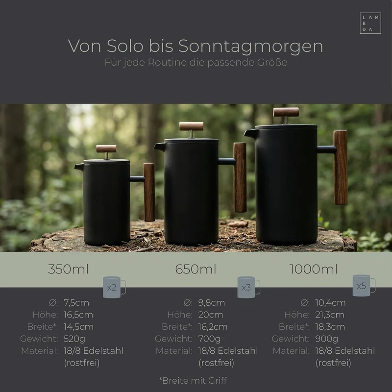 Lambda Coffee® Thermo French Press Edelstahl I 1 Liter - 5 Tassen I 3 Grössen erhältlich I Doppelwan