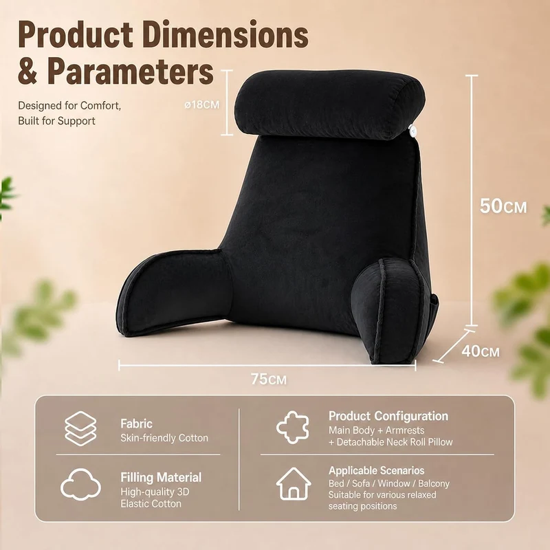 Lesekissen für Bett und Sofa, Lesekissen mit Kopfkissen und Armlehnen Schwarz, Schwarz