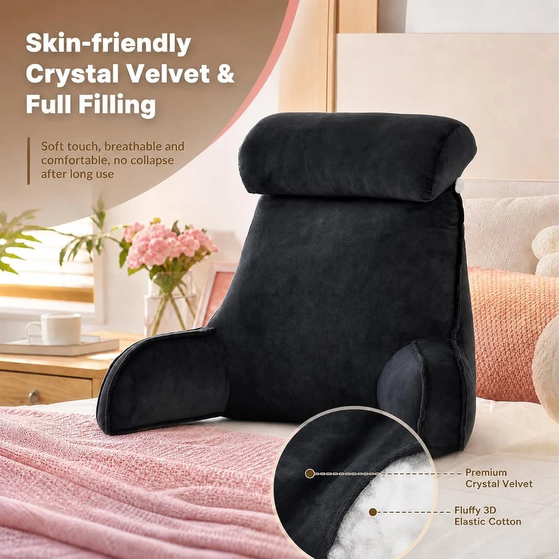 Lesekissen für Bett und Sofa, Lesekissen mit Kopfkissen und Armlehnen Schwarz, Schwarz