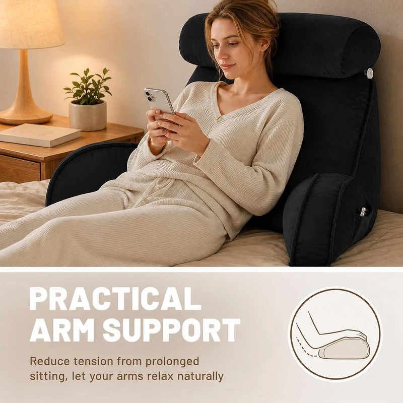 Lesekissen für Bett und Sofa, Lesekissen mit Kopfkissen und Armlehnen Schwarz, Schwarz
