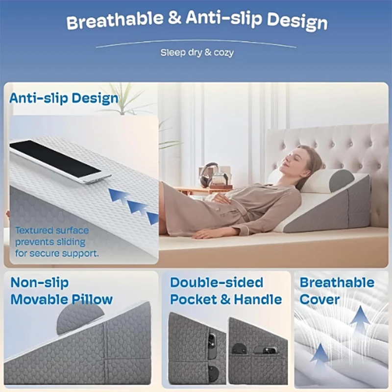 Ergonomisches Keilkissen Bett aus Memoryschaum, dreieckiges Rückenkissen mit Lordosenstütze, waschba