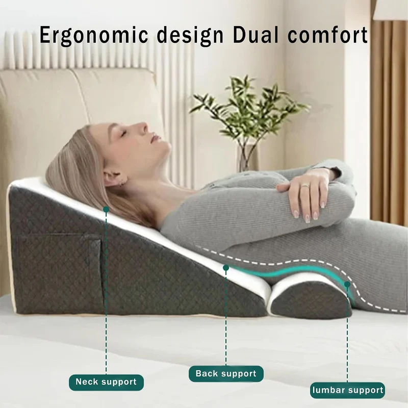 Ergonomisches Keilkissen Bett aus Memoryschaum, dreieckiges Rückenkissen mit Lordosenstütze, waschba