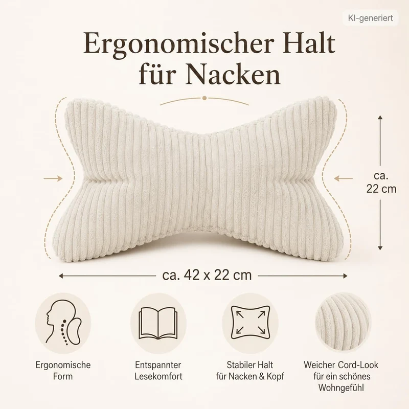ReWu Shara Leseknochen Beige 42 x 22 cm [Cordoptik] Nackenkissen, Beige
