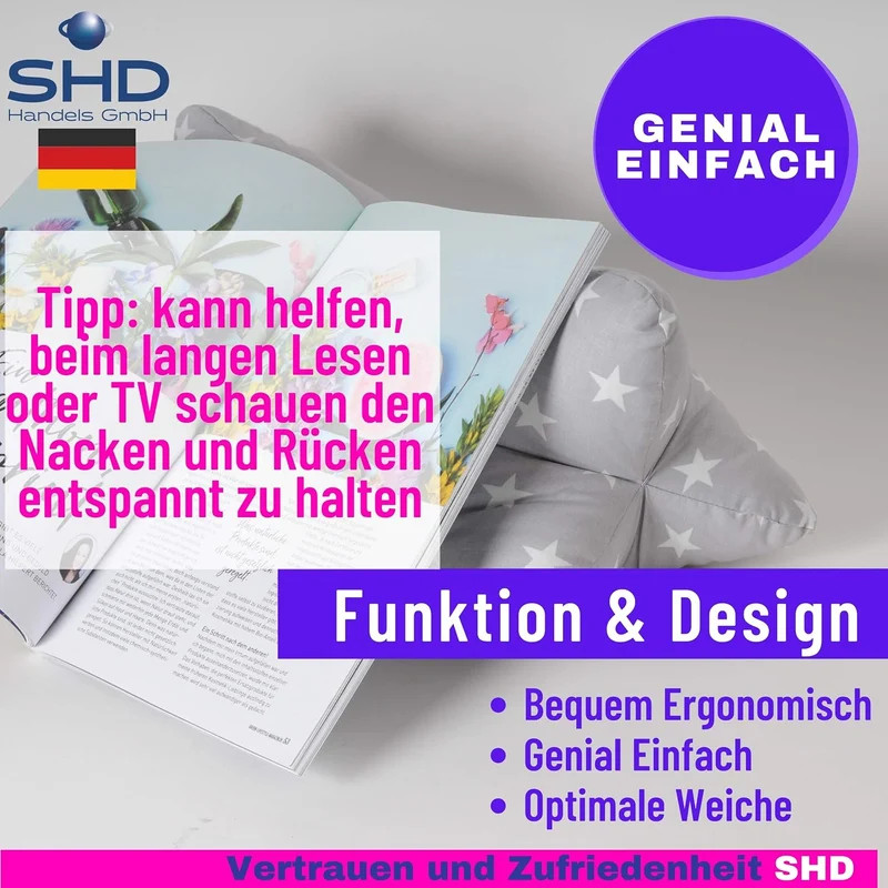 Leseknochen Nackenrolle Kissen Buchkissen Fernsehkissen 40 cm - 100% Baumwolle Dekokissen als Buchst