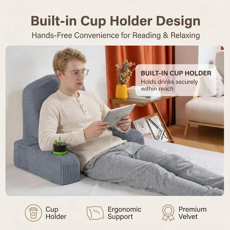 Lesekissen für Erwachsene - Rückenkissen fürs Bett mit abnehmbaren Armlehnen, Getränkehalter & Handy