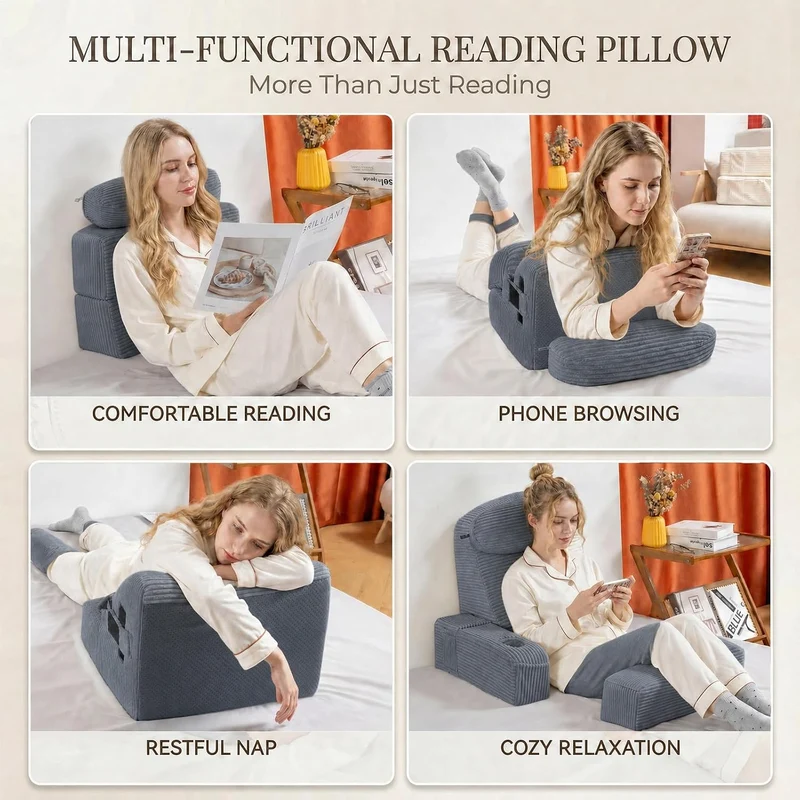 Lesekissen für Erwachsene - Rückenkissen fürs Bett mit abnehmbaren Armlehnen, Getränkehalter & Handy
