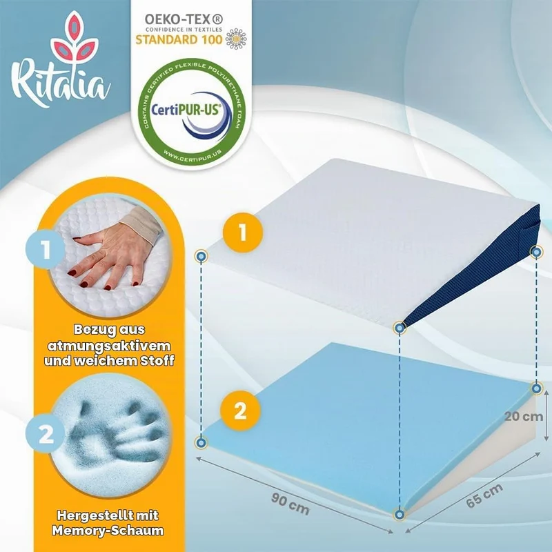 Ritalia® REFLUXKISSEN Erwachsene 90x65x20 cm zur MATRATZENERHÖHUNG mit Gel-Schaum | LESEKISSEN Bett