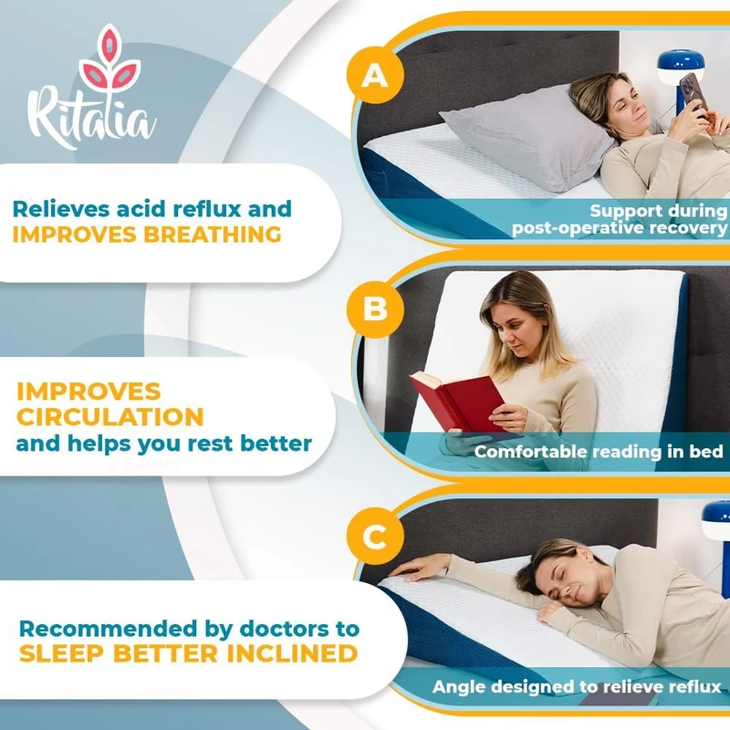 Ritalia® REFLUXKISSEN Erwachsene 90x65x20 cm zur MATRATZENERHÖHUNG mit Gel-Schaum | LESEKISSEN Bett