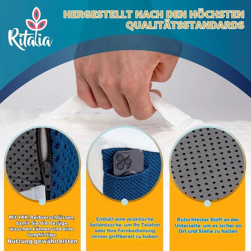 Ritalia® REFLUXKISSEN Erwachsene 90x65x20 cm zur MATRATZENERHÖHUNG mit Gel-Schaum | LESEKISSEN Bett