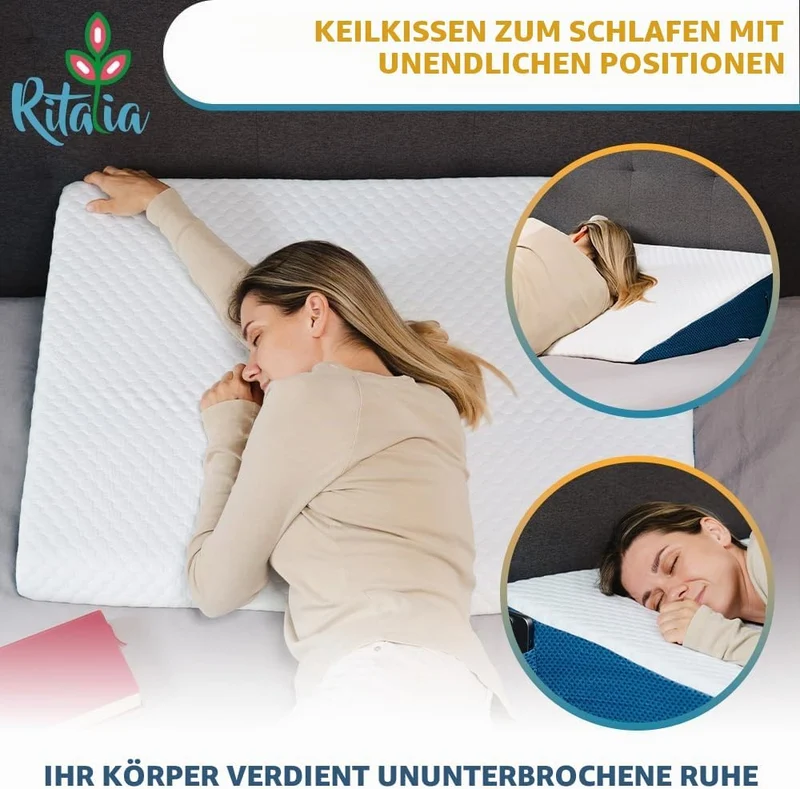 Ritalia® REFLUXKISSEN Erwachsene 90x65x20 cm zur MATRATZENERHÖHUNG mit Gel-Schaum | LESEKISSEN Bett