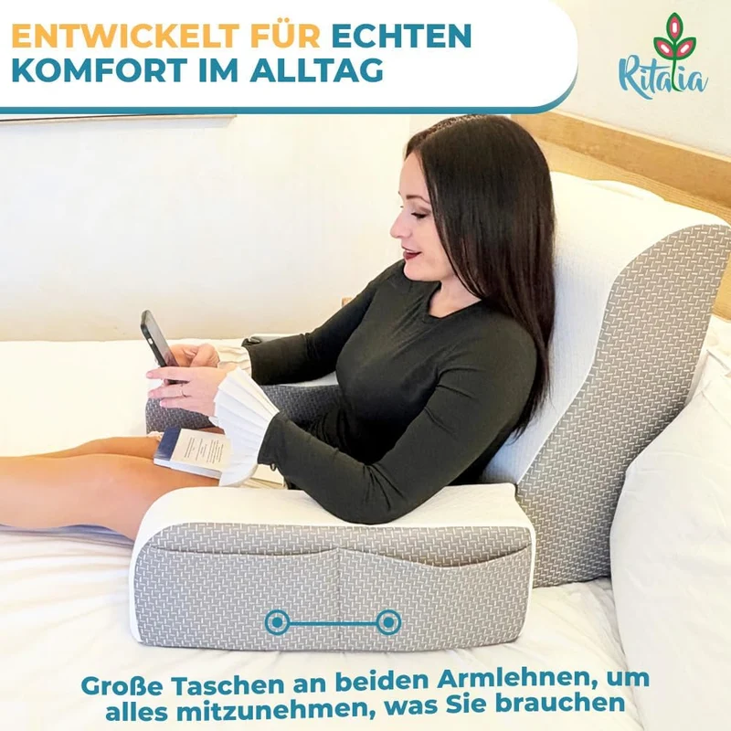 Ritalia Lesekissen für Bett und Sofa Ergonomisches Rückenkissen zum Lesen und Fernsehen – Stabile Rü