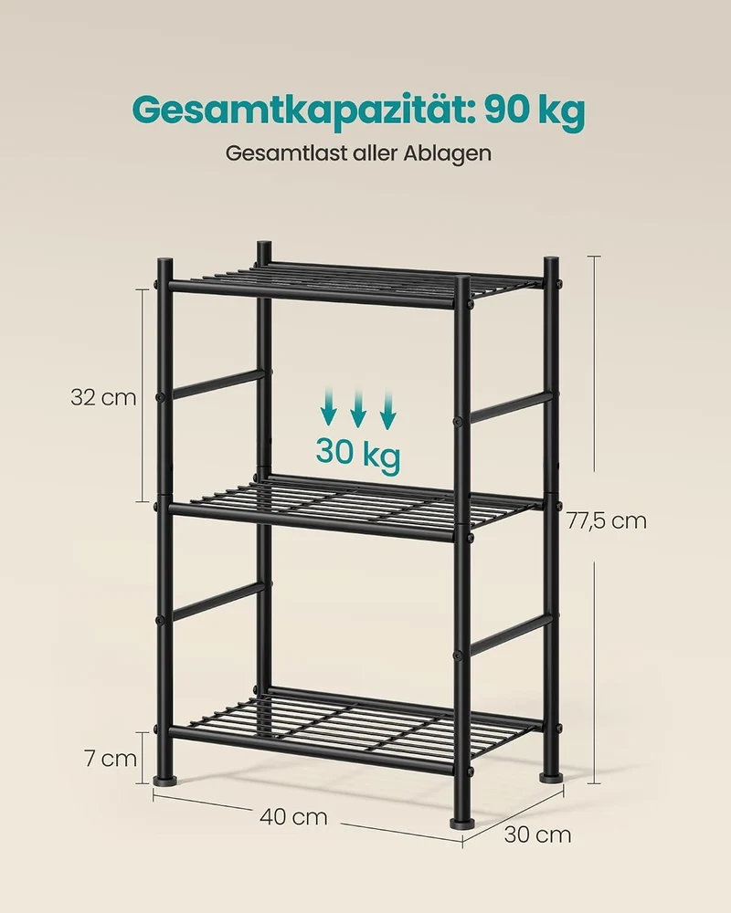 SONGMICS Standregal aus Stahl, 3 Ebenen, 40 x 30 x 77,5 cm 3 Ebenen (30 x 40 cm), 3 Ebenen (30 x 40