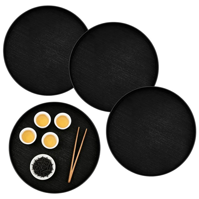4 Stück Deko Tablett rund, Serviertablett 30 x 30 x 2,3 cm PP‑Kunststoff Schwarz rutschfest, Servier