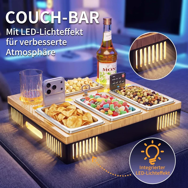 Couchbar Snackbox mit Leuchteffekt Sofa Holz Organizer Tablett Sofatablett, Couch Bar mit Getränkeha