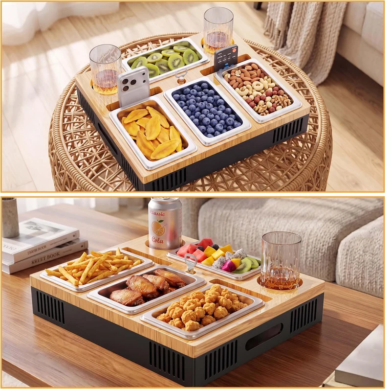 Couchbar Snackbox mit Leuchteffekt Sofa Holz Organizer Tablett Sofatablett, Couch Bar mit Getränkeha