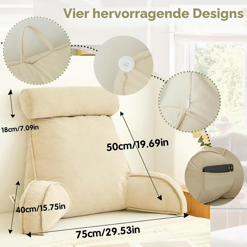 Lendenkissen mit Armlehnen,Rückenkissen Bett,Fernsehkissen,Lesekissen mit Abnehmbarer Nackenrolle,Id