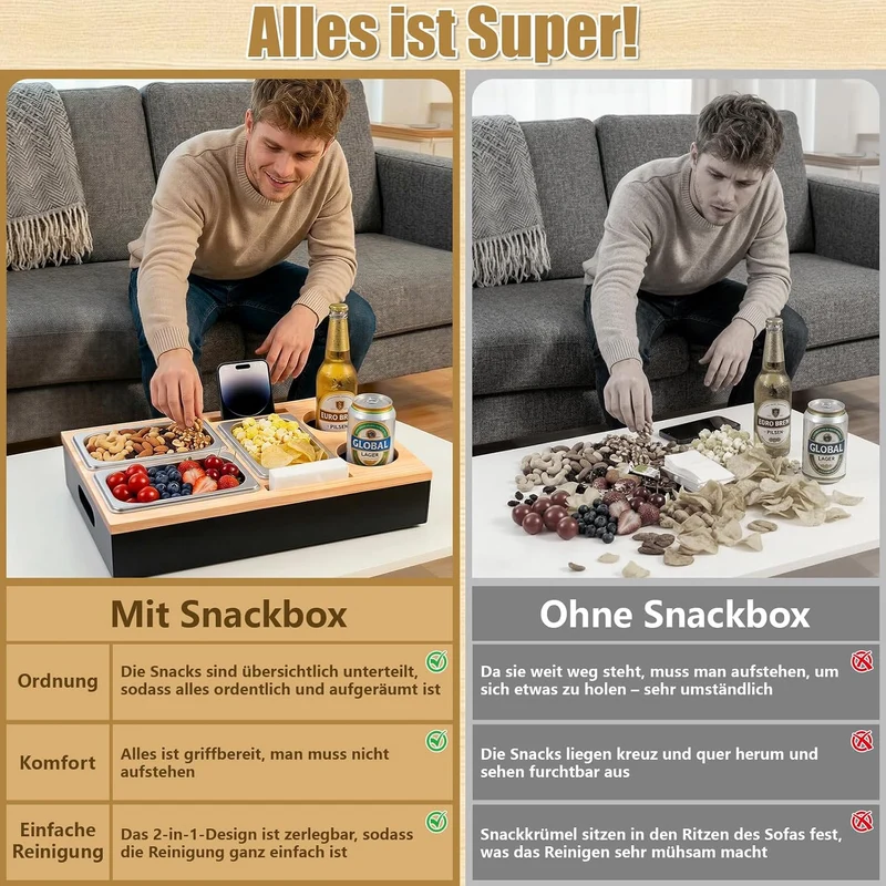 Couchbar Snackbox Holz Sofatablett Geburtstagsgeschenk für Männer & Frauen
