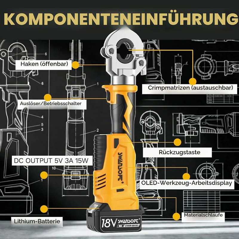 SWANSOFT 18V Elektrische Rohrpresszange hydraulisch mit V/U/TH-Kontur, Akku-Rohrpresswerkzeug-Set mi