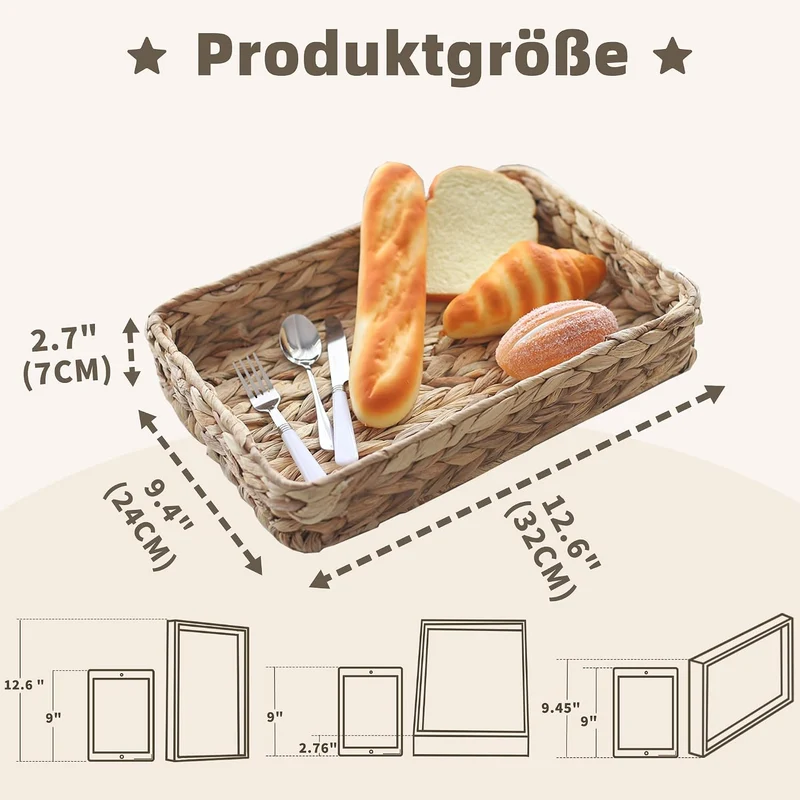 Wasserhyazinthe gewebtes Serviertablett Rechteckige handgeflochtene Weidenablagen für Kaffee/Frühstü