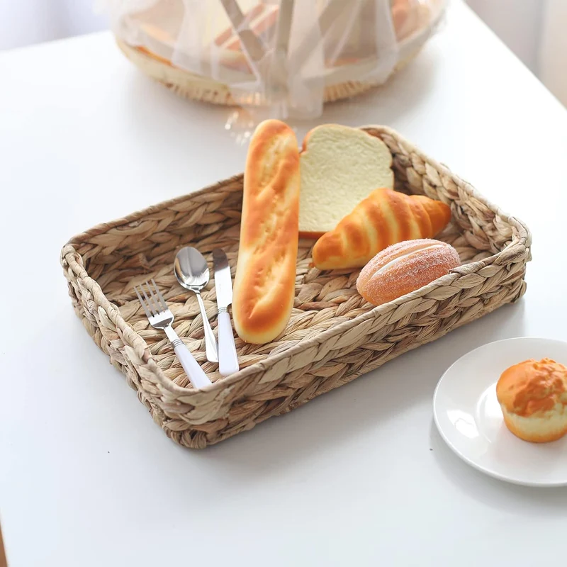 Wasserhyazinthe gewebtes Serviertablett Rechteckige handgeflochtene Weidenablagen für Kaffee/Frühstü