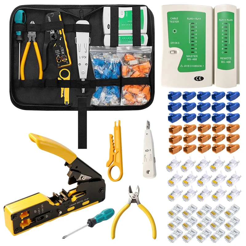 Netzwerk Werkzeug Set, Crimpwerkzeug-Set RJ45, Werkzeug Paket für Cat5/6/7,Durchgangs-Abisolier und
