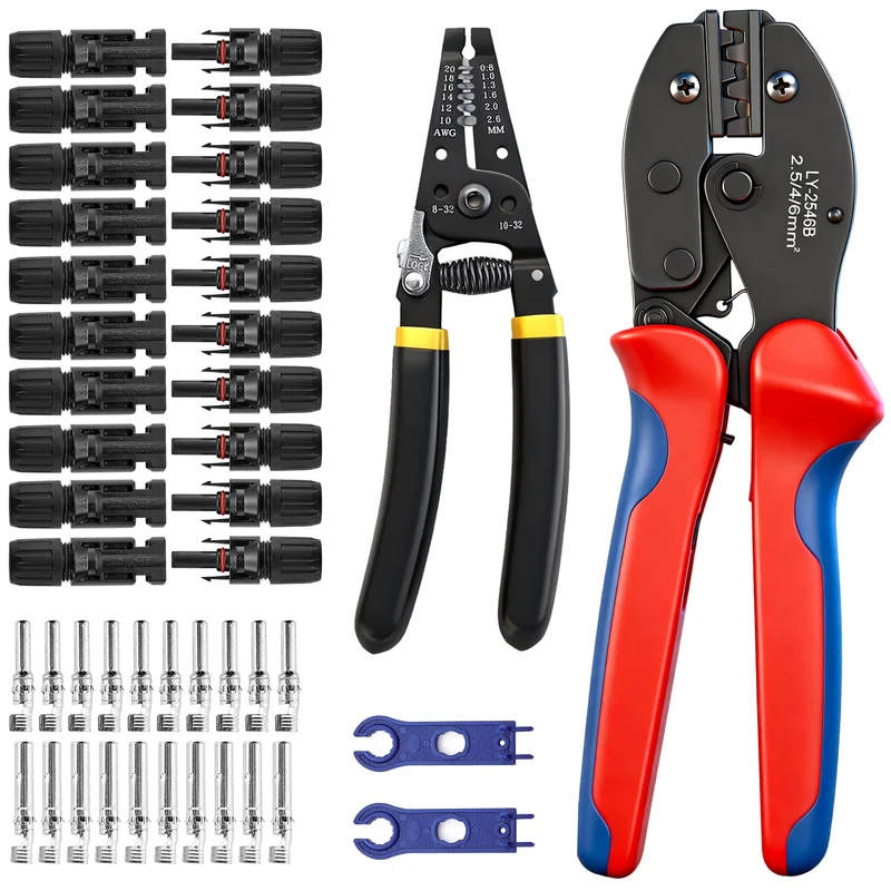 Solar Crimpzange Set für 2.5/4/6mm² Solarpanel PV Kabel,1 Abisolierzange, 10 Paar Kabelstecker, 10 P