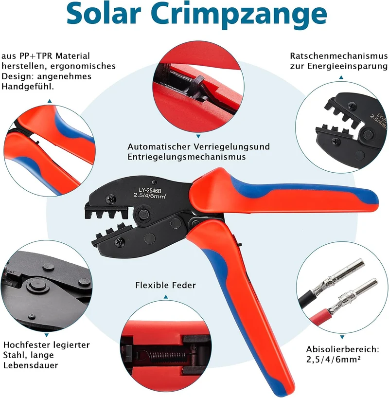 Solar Crimpzange Set für 2.5/4/6mm² Solarpanel PV Kabel,1 Abisolierzange, 10 Paar Kabelstecker, 10 P