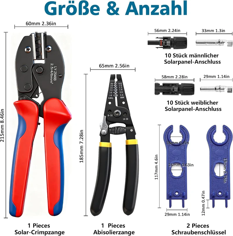 Solar Crimpzange Set für 2.5/4/6mm² Solarpanel PV Kabel,1 Abisolierzange, 10 Paar Kabelstecker, 10 P