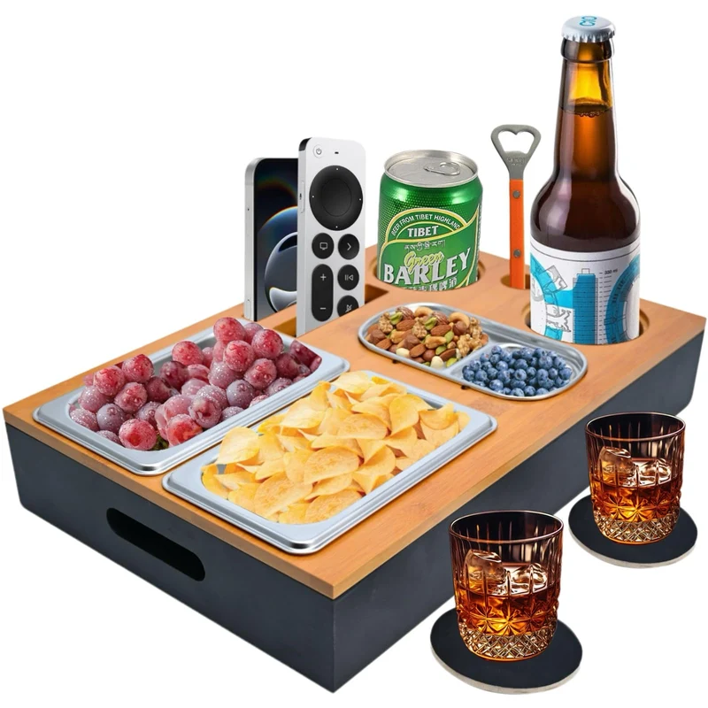 Couchbar Snackbox, Couch Tablett Mit Snackschalen Aus Edelstahl, Praktischer Sofatablett Snackbox mi